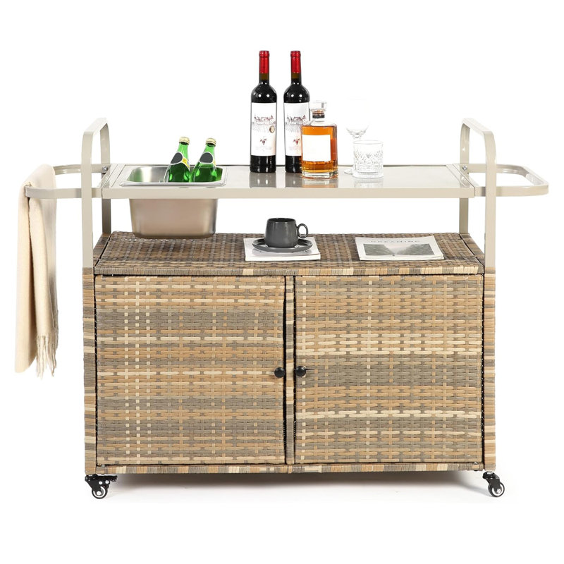 Table de bar d'extérieur en osier avec roues et seau à glace, Brun