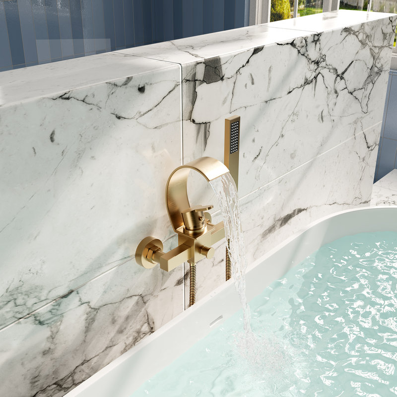 Casainc Wall-Mount Single Handle Tub Kit with Waterfall Tub Spout and Handheld Shower Faucet, Brushed Gold
