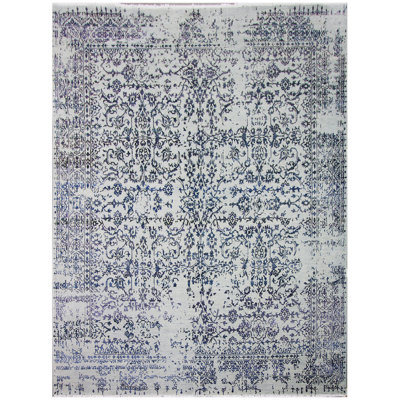 Tapis bleu clair et noir noué à la main de haute qualité