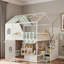 Lit superposé en bois avec escalier de rangement, plateformes de rangement ouvertes, tablette supplémentaire, toit, fenêtres mignonnes et porte centrale-503521457