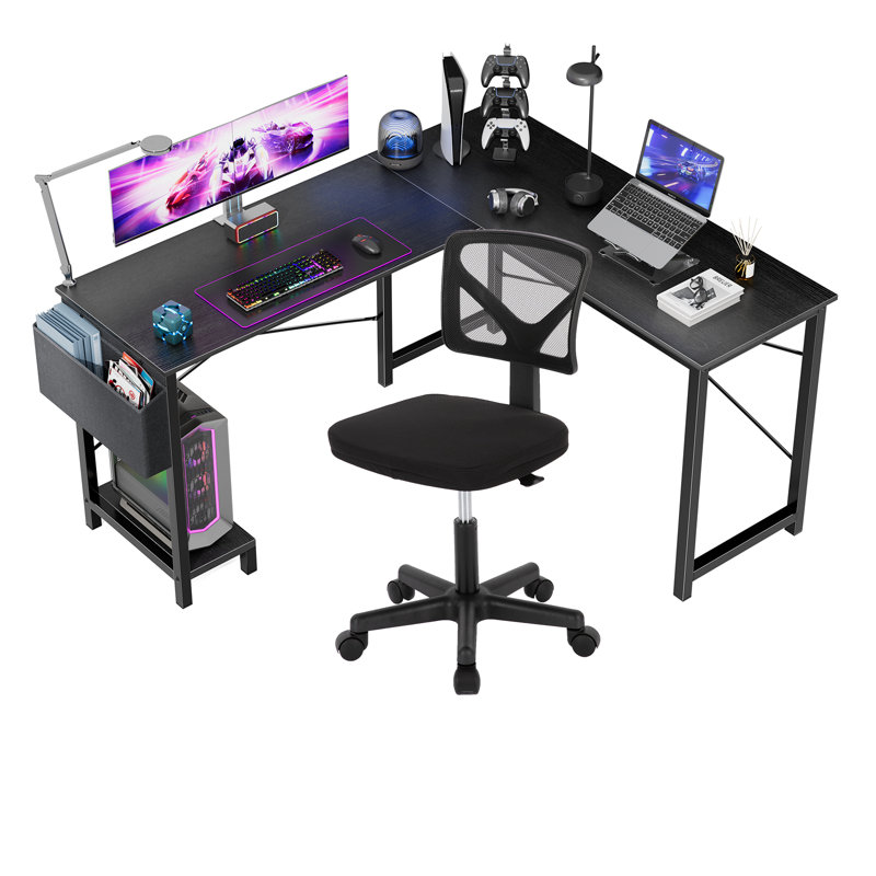 Desk and Chair Set: 49 Inch L-Shaped Computer Desk and Height Adjustable Mesh Chair, Black