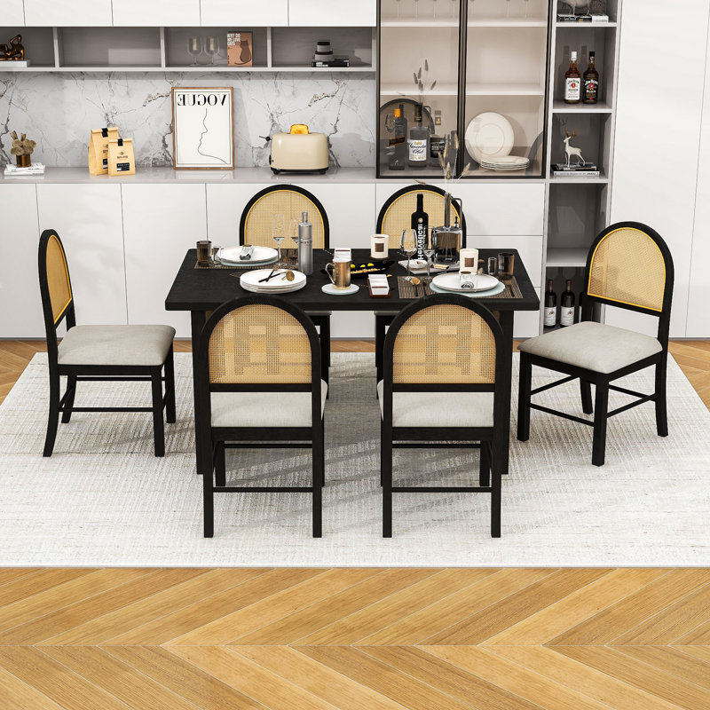Ensemble de salle à manger de ferme 7 pièces avec plateau en chêne vieilli et chaises à dossier en rotin, Espresso