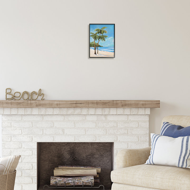 «Palm Trees Beach Landscape» encadré sur bois par Jane Slivka, peinture, Giclée encadrée noir minuit