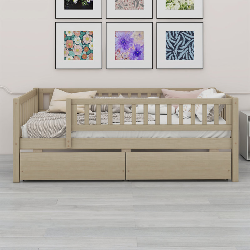 Daybed Wood Bed With Two Drawers, Natural, Twin