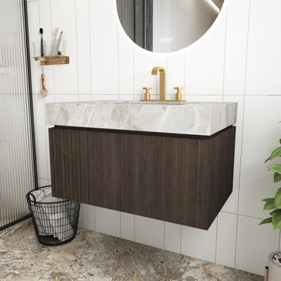 Espresso Woodgrain 30 Inch Bathroom Vanity With Sink,Light Gray Sintered Stone Top And Ceramic Basin With 3 Pre-Drilled Faucet Holes, Floating Plywood Storage Cabinet With Drawer And Door,Pre-Assembled