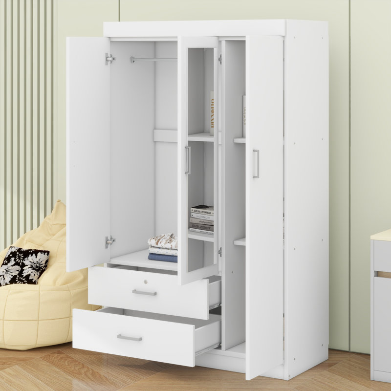 Armoire-penderie à trois portes avec tablettes, Blanc