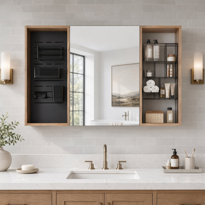 Ensemble d'armoire à miroir murale 43,7 po - 3 modules avec accessoires perforés et tablettes réglables, fermeture en douceur