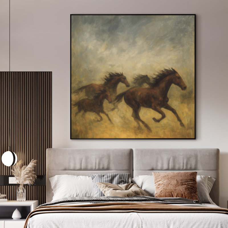 Très grande reproduction d'art sur toile - Chevaux sauvages courant, paysage équin dramatique, œuvre d'art décorative pour le salon ou la chambre à coucher - «Assemblage requis du cadre (cadre non fini)»