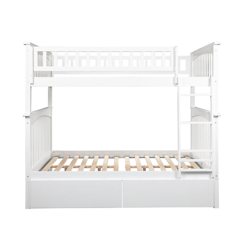 Flinn Solid Wood Bunk Bed with Storage Drawers, White, Full over Full