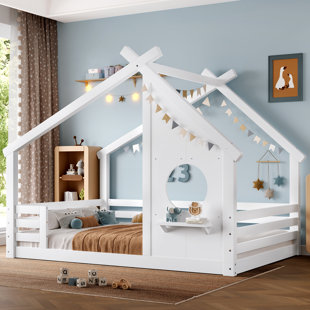 Full Solid Wood Floor Bed with House-shaped Roof, Window, and Small Shelf, No Box Spring Needed, White
