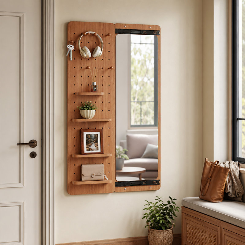  Miroir mural moderne en bois d'hévéa avec panneau de rangement coulissant