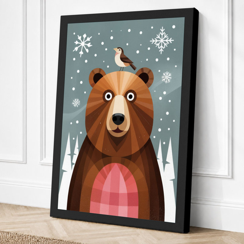 Bear And Bird In Winter Geometric - Print, 24x16 - 61.0 x 40.6 cm, Black Border