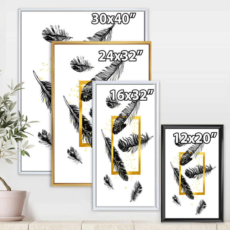 Cadre doré et plumes - Impression sur toile, Encadrement doré, H 40 po x l 30 po x 1,5 po