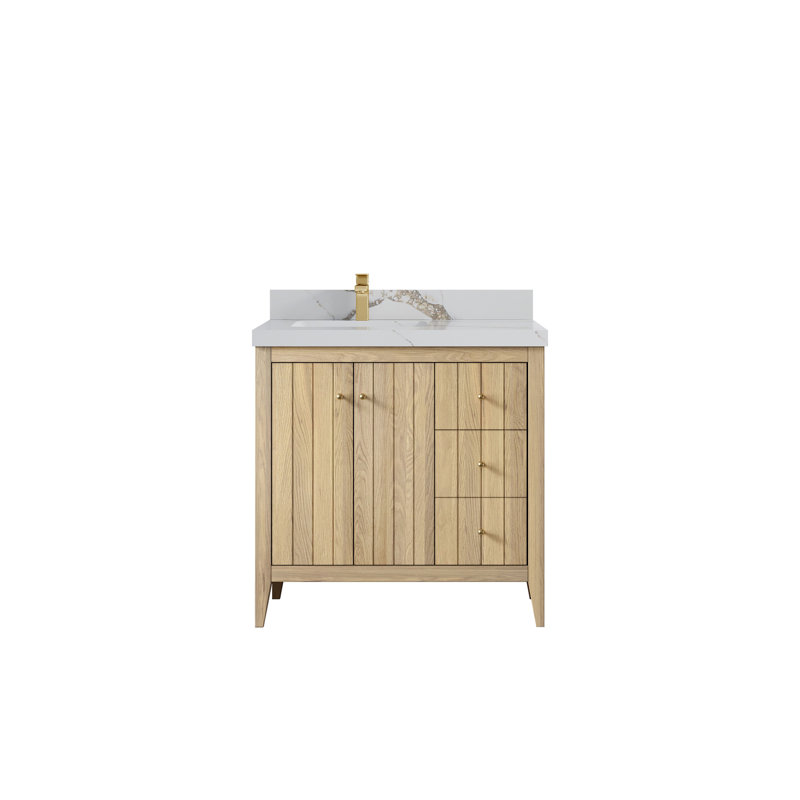 Atlanta White Oak Wood 36 In. W X 22 In. D Left Offset Sink Bathroom Vanity With 2 In. Frosty Carrara Quartz, Or Calacatta