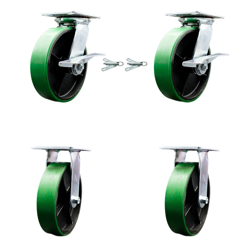 8 Inch Poly on Cast Iron Caster Set 2 Brakes/Swivel Locks and 2 Rigid SCC, Vert