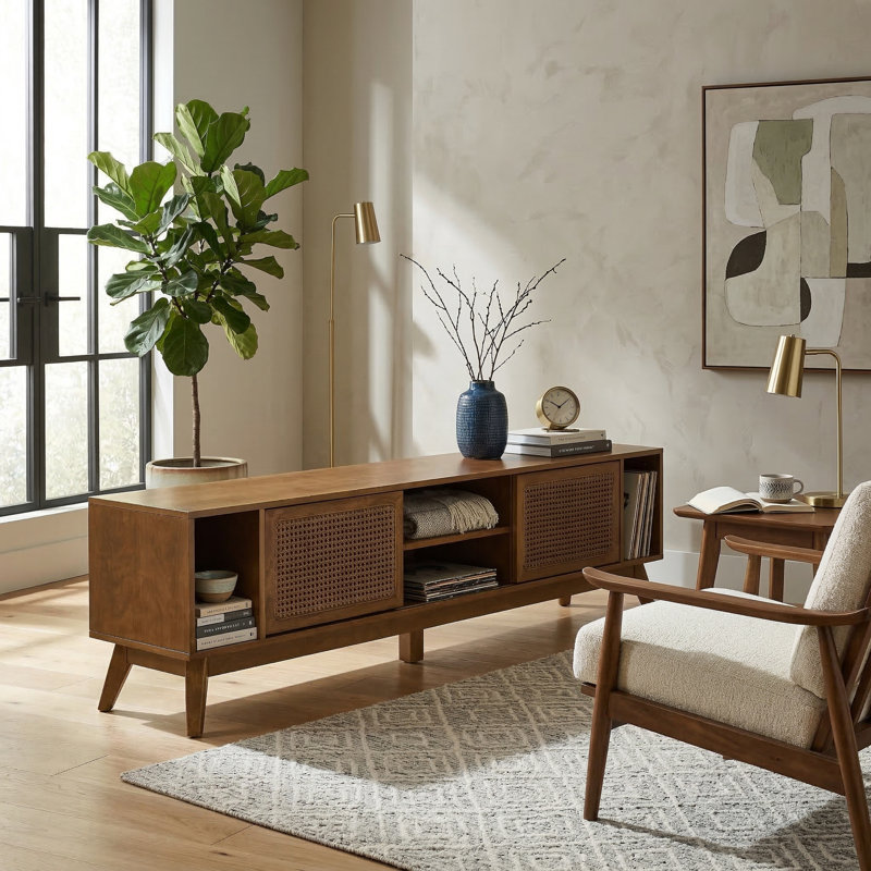 67.9" Mid-century Rattan Tv Stand For Tvs Up To 75" – Media Console With Sliding Doors & Solid Wood Legs, Light Walnut