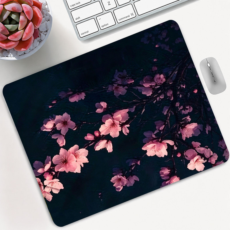 Tapis de souris en caoutchouc, surface en microfibre lisse, base antidérapante, tapis de souris décoratif à bord arrondi pour le bureau et les jeux, 12 po x 8 po, fleur de cerisier rose noir