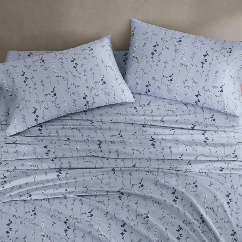 Calvin Klein Printed Sateen Cotton Sheet Set, Queen Sheet Set with 2 Pillowcases, Abstract Ditsy Floral Blue
