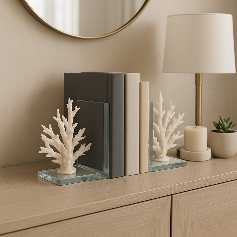 "Decorative Coral Accent on Glass Base Bookends - Modern Coastal Inspired Book Ends for Bookshelf, Desk, or Home Decor - Set of 2, 7"", White "