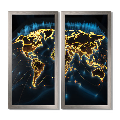 Golden Radiant Map of the World - World Map Wall Art Decor, carte jaune, impression sur toile 2 panneaux