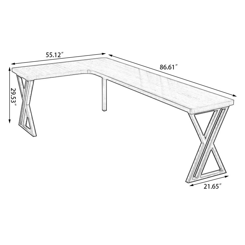 Noyer clair + bureau en bois massif en forme de L noir + fer, H 29,53 po x l 86,61 po x P 55,12 po