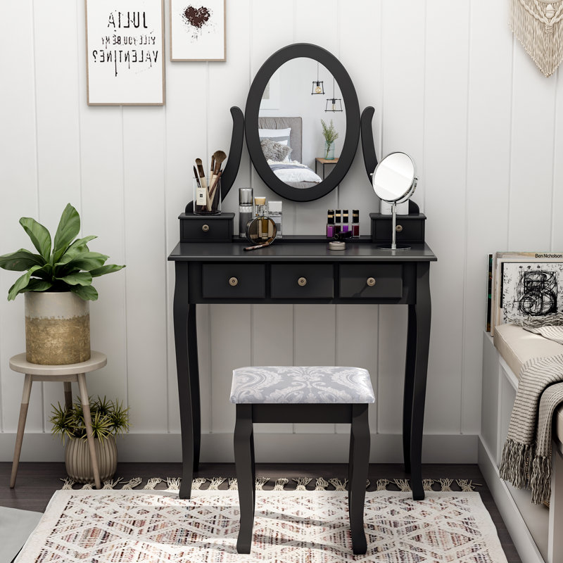 Meuble-lavabo de maquillage en bois avec miroir Heiser, Noir