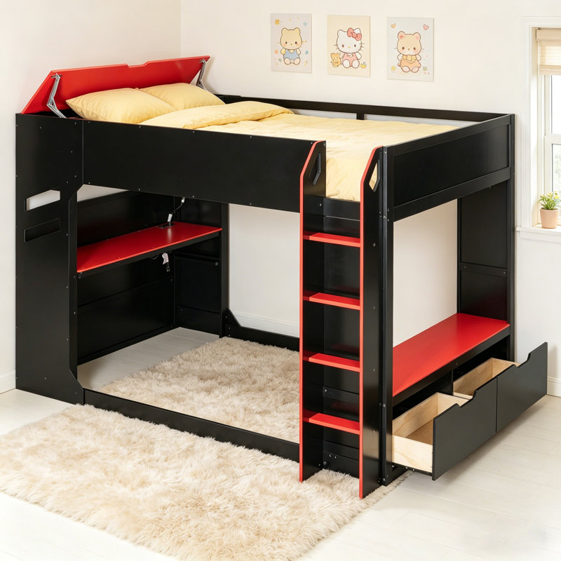 Lit mezzanine en bois pleine grandeur avec bureau réglable, rangement et lumières RVB pour les adolescents et les adultes, conception peu encombrante
