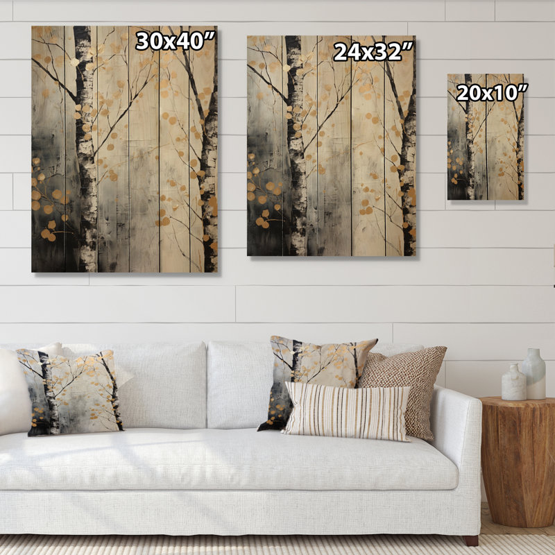 Chuchotement d'arbres monochromes gris et or sur bois naturel, H 20 po x l 10 po x P 0,78 po