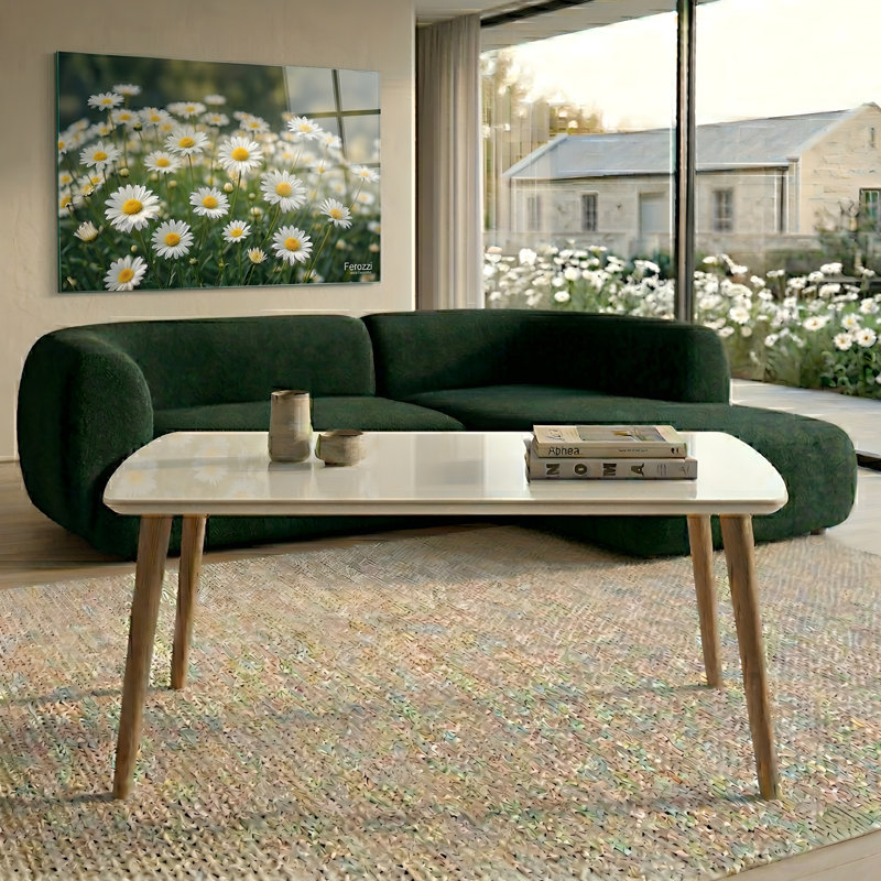 Modern Rectangular Coffee Table with Glossy White Top and Solid Hornbeam Wood Legs