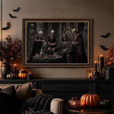 Squelettes gothiques en robes rouges autour d'une table à thé - Toile murale d'Halloween