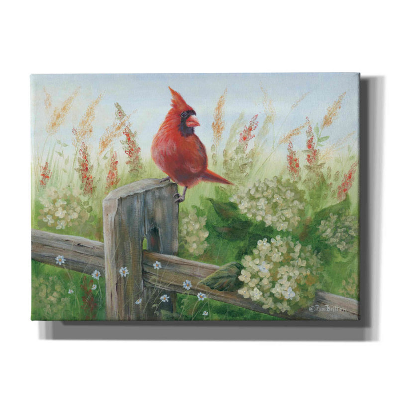 «Cardinal on Fence» par Pam Britton, reproduction d'art sur toile tendue, H 12 po x l 16 po x P 0,75 po