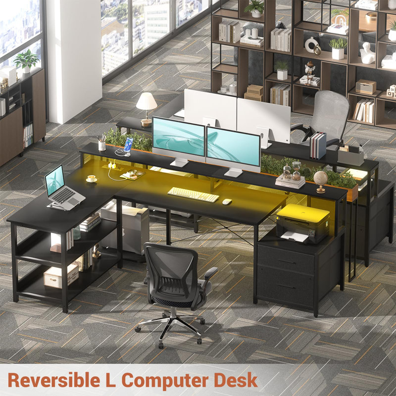 Bureau d'ordinateur en forme de L avec tiroirs et tablette pour moniteur, bureau de jeu avec lumières DEL RVB et ports USB Jointure