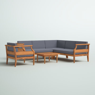 Oundle Outdoor Acacia Wood 5 Seater Sectional Chat Set with Club Chair