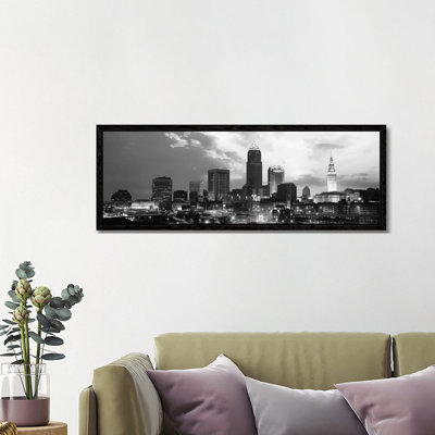 Cleveland Panoramic Skyline Cityscape (Black & White - Sunset) by Unknown Artist - Floater Frame Panoramic Gallery-Wrapped Canvas Giclée on Canvas