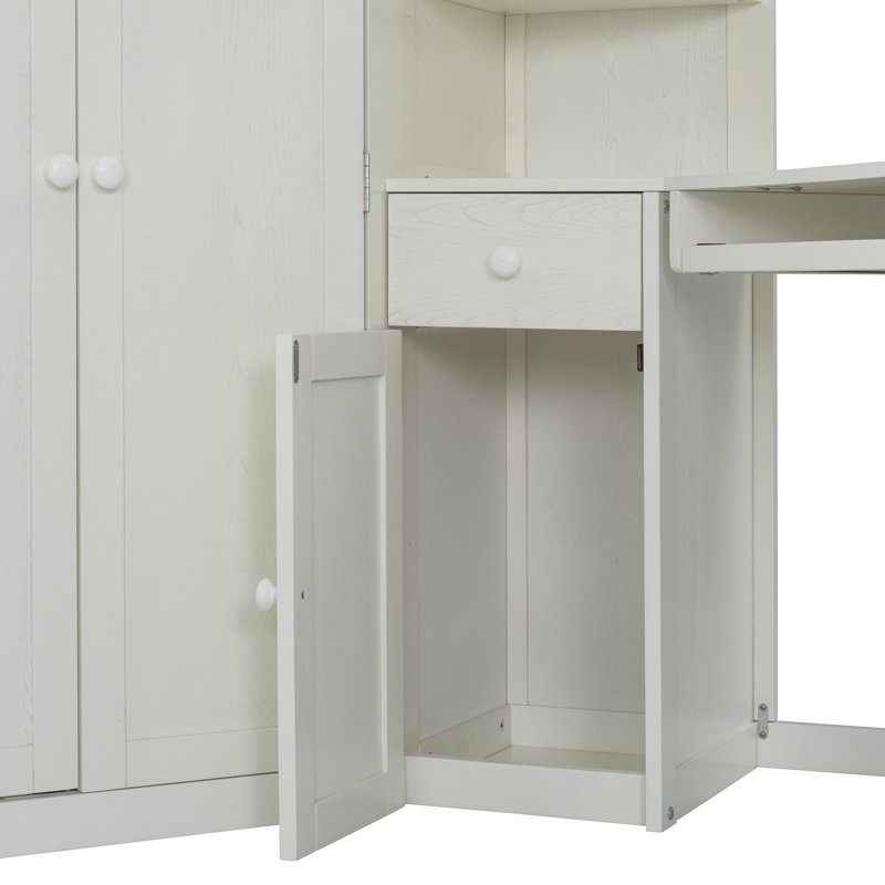 Sayer Wood Loft Bed with Wardrobe, Desk, Charging Station & Adjustable Spotlights, Beige/White