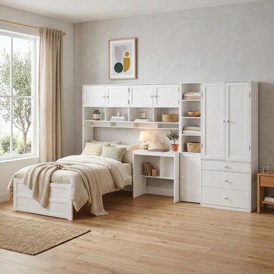 All-in-One Twin Size Bed with Wardrobe, Integrated Desk, and Overhead Storage Cabinets, Solid Wood Multi-Functional Bed Frame with Built-in LED Light Strip, Space-Saving Bedroom Set for Teens, and Studio Apartments