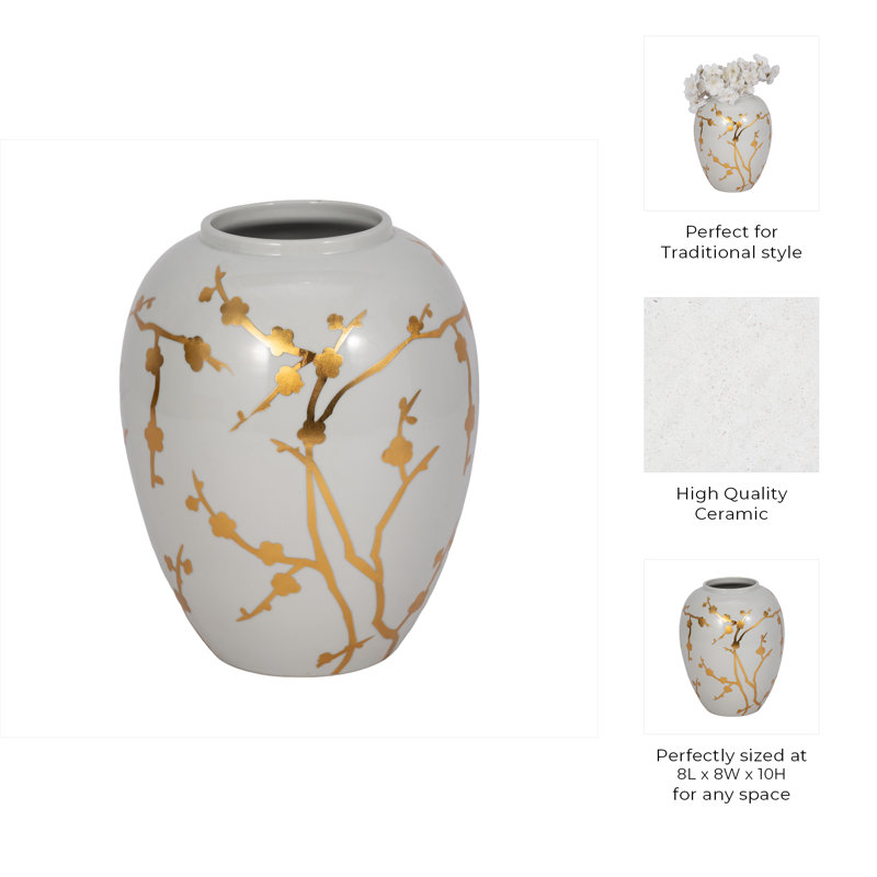 10" Gold Branches Vase, White