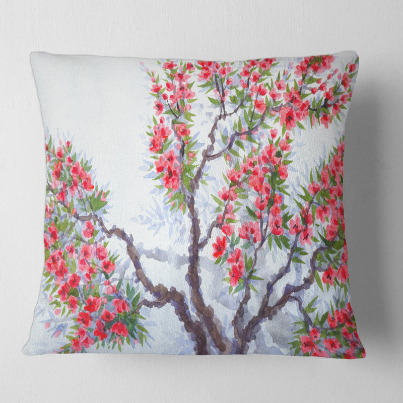 Fleurs rouges du printemps - Coussin décoratif imprimé traditionnel, 18" x 18"