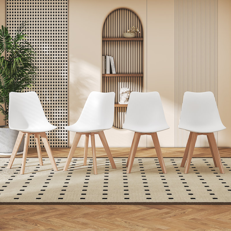 Dining Chairs Set Of 4, Modern Kitchen & Dining Room Chairs With Solid Wood Legs, Shell Lounge Plastic Side Chair, Mid Century Armless Accent Chairs For Kitchen, Living Room, Bedroom, Outdoor Lounge