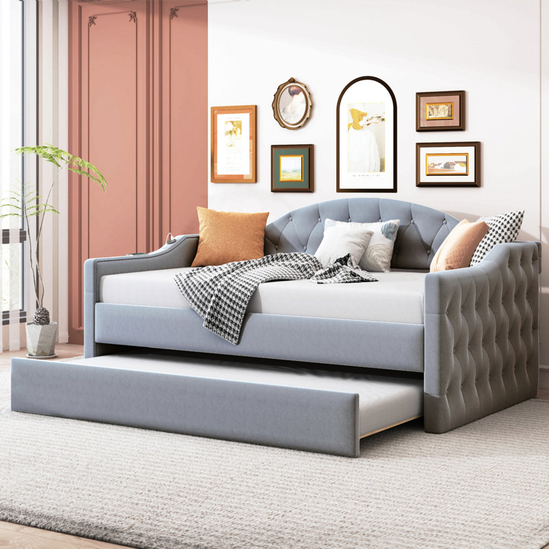 Lit de jour simple capitonné et rembourré avec couchette, canapé-lit en velours avec ports de chargement USB et Type-C, aucun sommier nécessaire