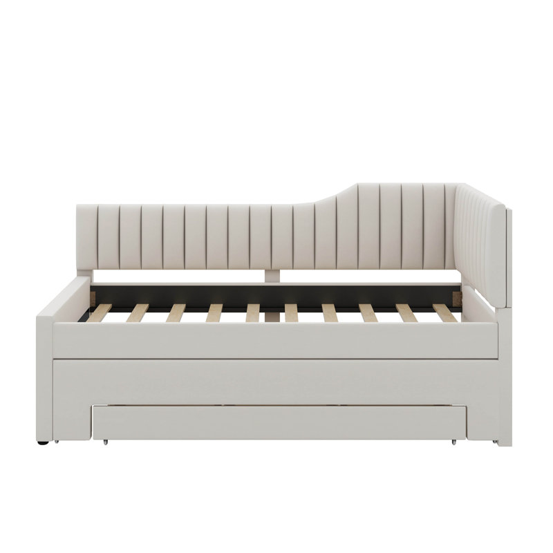 Upholstered Daybed With Trundle And Drawers, Beige, Twin