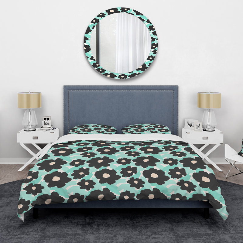 Fleurs de marguerite noire sur turquoise III - ensemble de housse de couette rétro - microfibre de polyester