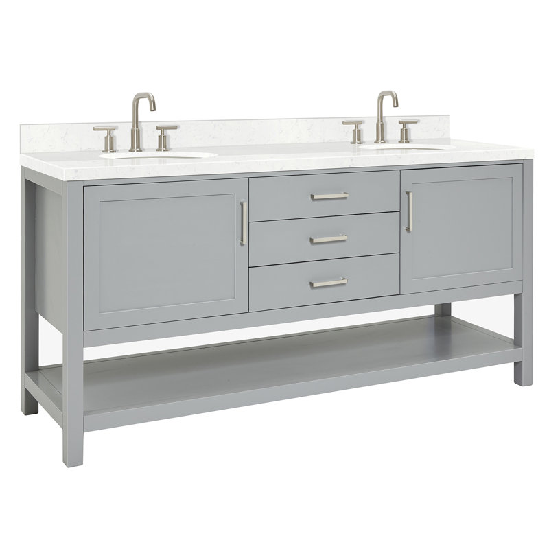 Ensemble de meuble-lavabo double 73 po Abby, Gris, Quartz blanc de Carrare, Ovale