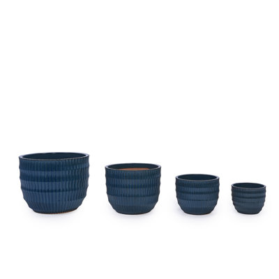 Handmade Navy Blue Ceramic Planter Set Of 4 (5.31" To 14.17"), Indoor/Outdoor Flower Pots For Orchids, Succulents By Window, Couchside - Breathable Textured Clay With Drainage