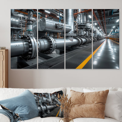 Monochrome Yellow Grey Industrial Pipeline III - Factories Wall Art Living Room Set