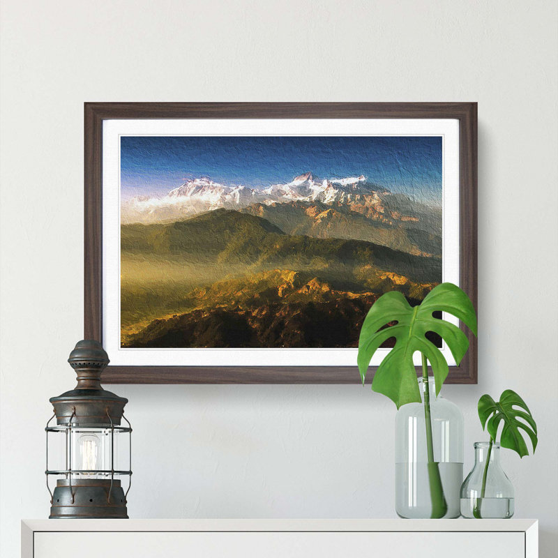 Sunlight Bathing the Mountains in Nepal - Picture Frame Painting Print, 48cm H x 65cm W x 2cm D, Walnut Framed
