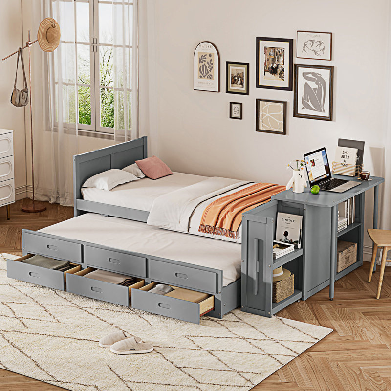 Structure de lit double, lit plateforme tapissier moderne avec tête de lit à oreilles, Grey