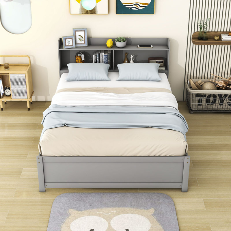 Platform Bed with Trundle and Storage Shelves, Gray, Full