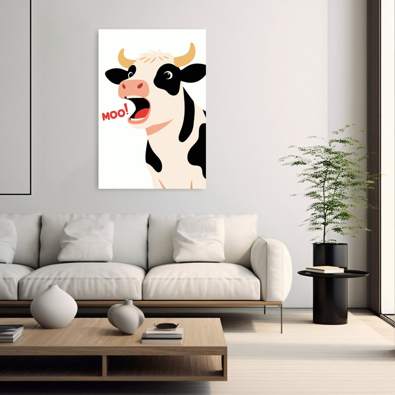 Vache drôle et meuglante - Illustration abstraite contemporaine représentant une vache dans un paysage naturel, 60" H x 40" W