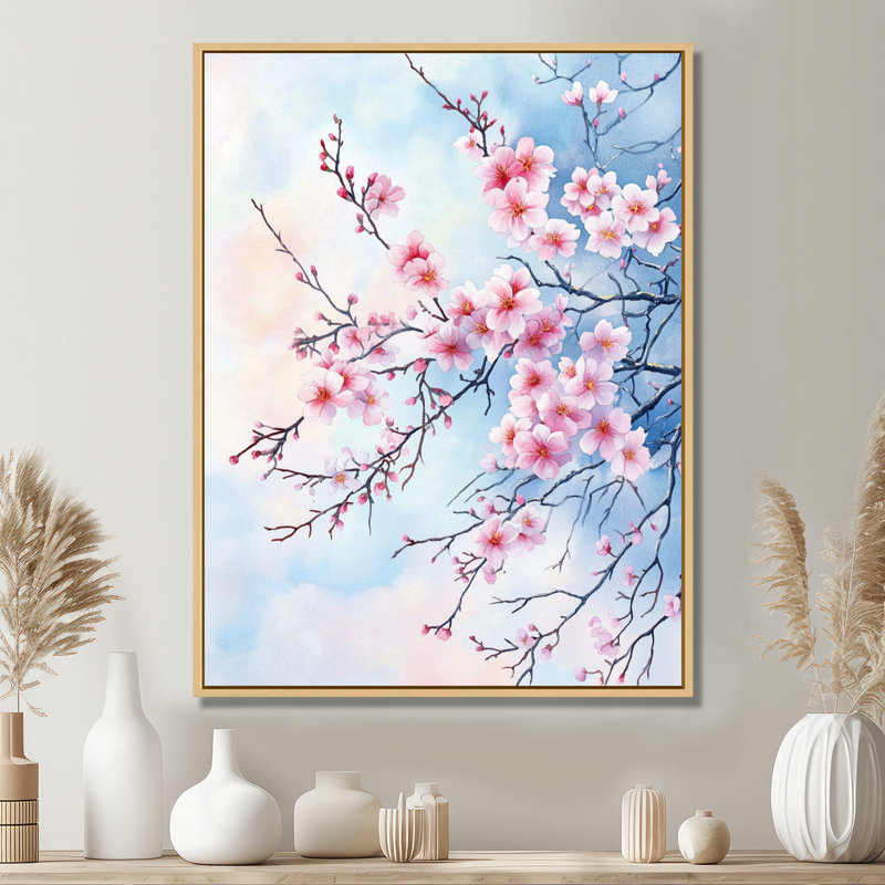 Art mural fleur de cerisier, toile florale rose, branches de cerisier délicates, H 20 po x l 12 po, Cadre naturel flottant
